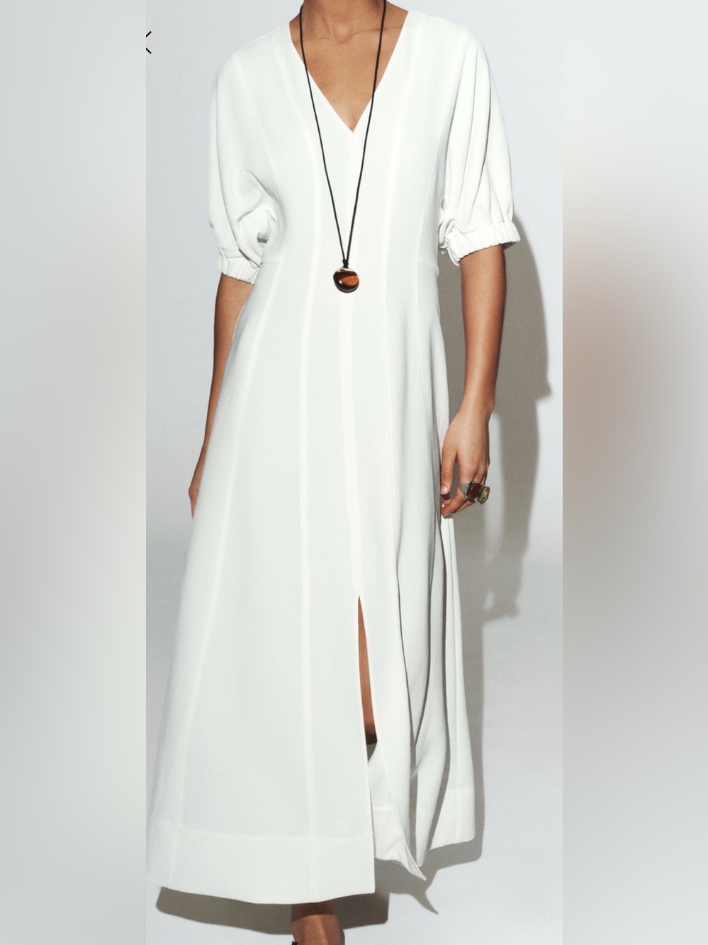 Zara Balloon Sleeve Solid White Mido Dress NWT